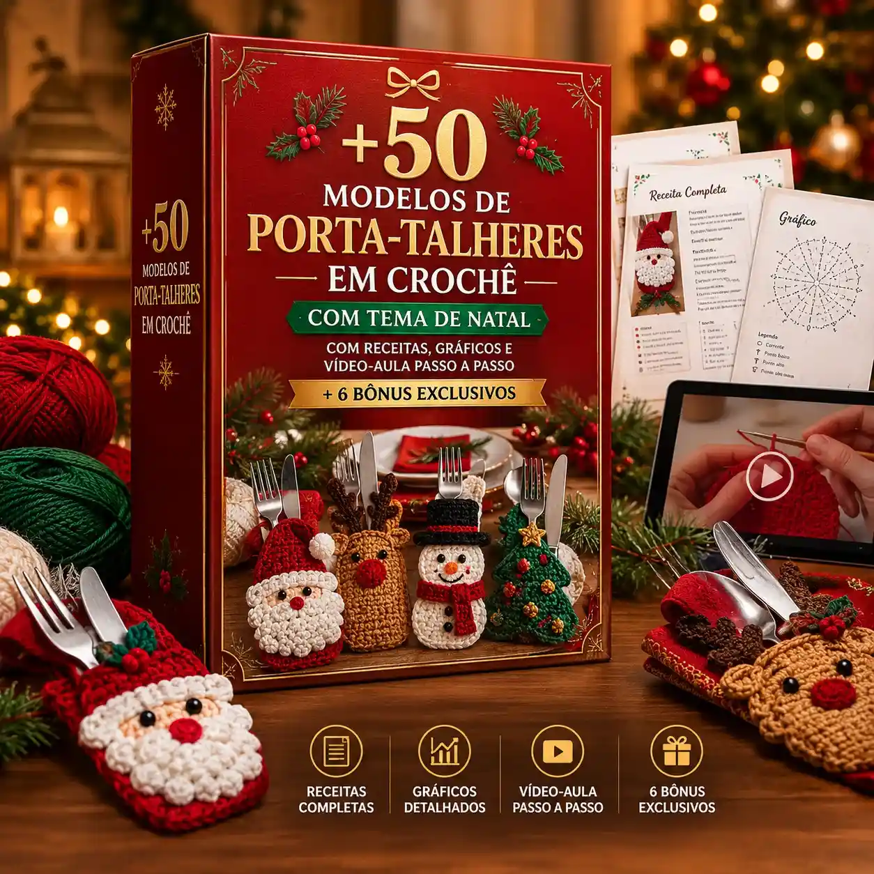 Caixa da coleção +50 porta-talheres de Natal em crochê